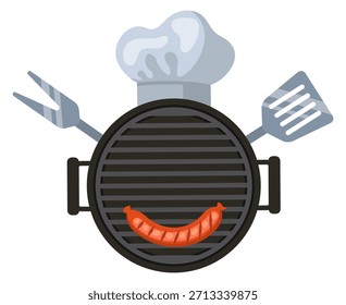 Una caricatura de un chef con un sombrero y una parrilla con un perro caliente en él