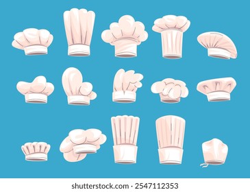 Cartoon chef hats. Chief cook hat, professional french cooks uniform white toque cap cooker logo italian kitchen pastry baker head job profession signs, classy vector illustration original artwork