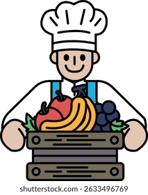 A cartoon chef is holding a basket of fruit. Concept of happiness and joy, as the chef is smiling and he is enjoying his work. The basket of fruit is a symbol of freshness and health