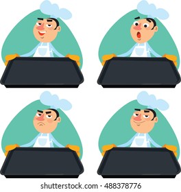Cartoon chef holding black baking tray. Smiling, happy, surprised, displeased chef emotions. On green background. Isolated.