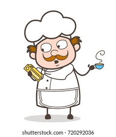 Cartoon Chef Holding a Book of Recipe and Hot Energy Drink Vector Illustration