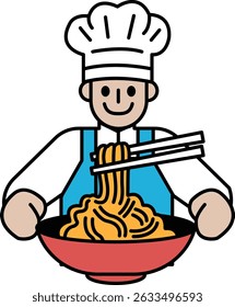 A cartoon chef is holding a bowl of noodles and smiling. Concept of happiness and enjoyment of food
