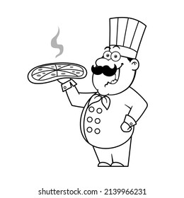 Cartoon Chef Holding Delicious Pizza Outline