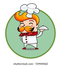 Cartoon chef holding a dish plate, vector sign, icon, banner, ads for restaurant, cafe, delivery club