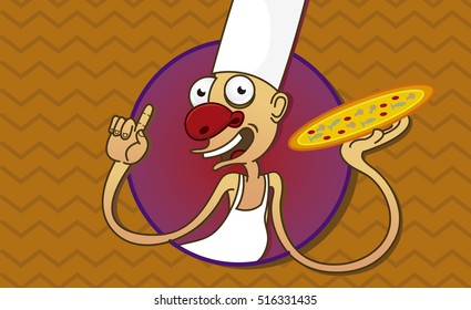 A cartoon chef holding a pizza