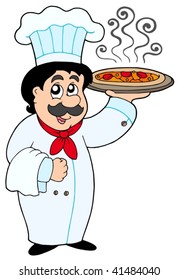 Cartoon chef holding pizza - vector illustration.