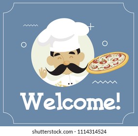 Cartoon Chef holding pizza welcome Flat Vector Illustration Design