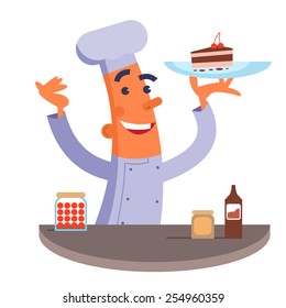 Cartoon chef holding plate with cake