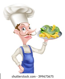  A cartoon chef holding a platter with fish and chips or french fries on it