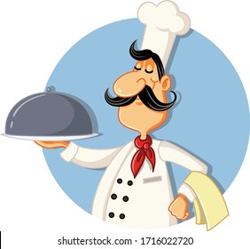 Chef de caricatura sosteniendo una ilustración de un vector plateado. Ilustración vectorial un cocinero varón sirviendo su plato especial de la receta de su casa