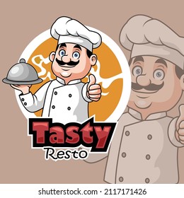 Cartoon chef holding a silver tray giving thumb up