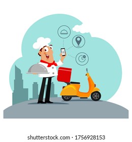 Caricatura del chef que sostiene Smartphone listo para entregar pedido de comida con Scooter de reparto
