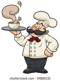 Cartoon chef holding a steamy bowl of soup.