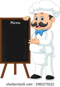 cartoon chef holding wooden menu board
