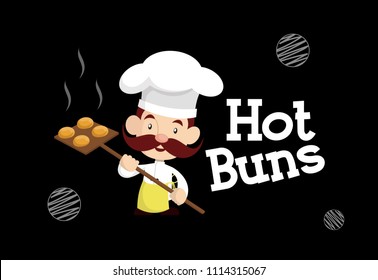 Cartoon Chef Hot Buns Flat Vector Illustration Design