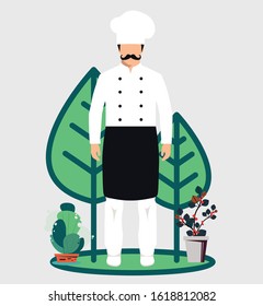 Cartoon chef isolated on leaves background. Vector illustration