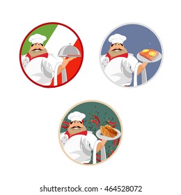 Cartoon chef Italian cuisine invites You for lunch. Delightful dinner. The food on the tray.