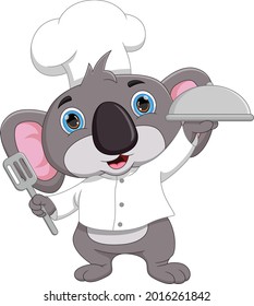 cartoon chef koala carrying food tray