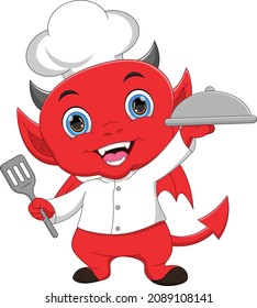 cartoon chef little devil carrying a tray of food