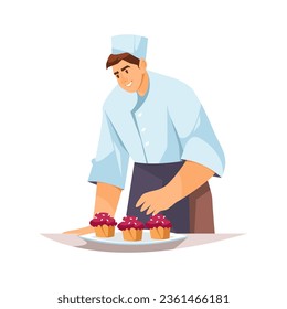 Cartoon chef making cake. Vector man cooking cupcake with topping. Illustration for homemade or professional confectionery. Dessert baking or sweets baker. Gourmet and culinary, bake profession theme