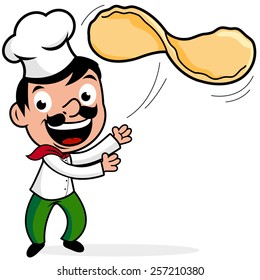 Cartoon Chef Making A Pizza, Tossing Dough. Vector Illustration