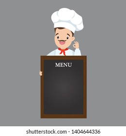 Cartoon chef with menu board template,chief-cooker in uniform,funny male character,flat vector illustration