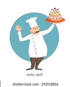 cartoon chef with mustaches holding a tray with cake. vector illustration
