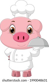 cartoon chef pig carrying food tray