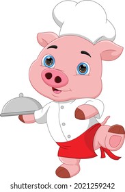 cartoon chef pig carrying food tray