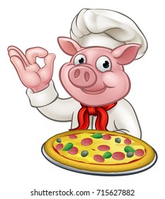 A cartoon chef pig character mascot holding a pizza and doing a perfect hand gesture