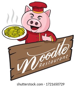 Cartoon chef  Pig Chef Cook noodles presenting food logo Vector
design with traditional chinese red