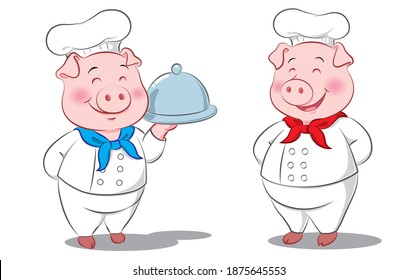 Cartoon chef pig happy holding food