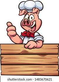 Cartoon chef pig making the thumb up sign and wooden sign clip art. Vector illustration with simple gradients. Some elements on separate layers. 
