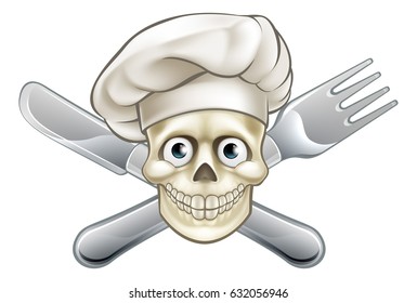 Cartoon chef pirate skull and crossbones with cross knife and fork and hat