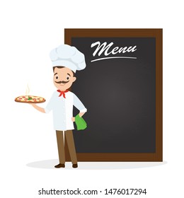 Cartoon chef with pizza and big empty menu board. Master pizza maker in uniform. Funny male character,isolated on white background,flat vector illustration