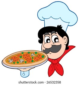 Cartoon chef with pizza - vector illustration.