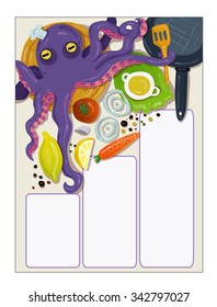 Cartoon chef, Recipe Fish Cooking Octopus, trendy food vector illustration for recipes in the magazine and book, chef animal, vegetables illustratetion vector, flat octopus and kitchen