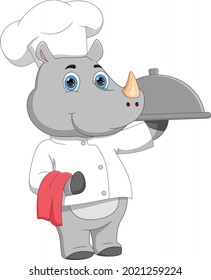 cartoon chef rhino carrying food tray