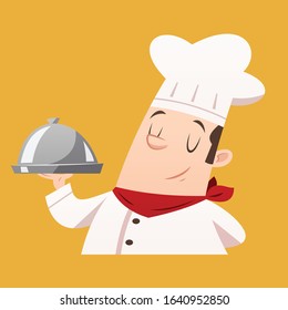 Cartoon chef serving food vector isolated illustration