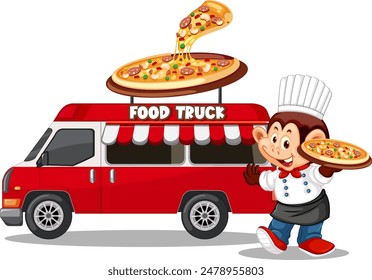 Cartoon chef serving pizza from food truck