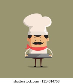 Cartoon Chef with serving plate Flat Vector Illustration Design