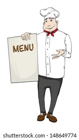 Cartoon chef smiling and holding up a menu, vector illustration