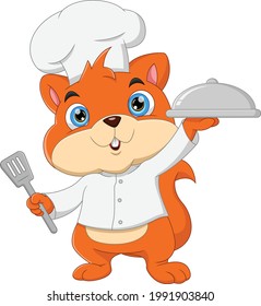 cartoon chef squirrel carrying food tray