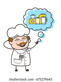 Cartoon Chef Thinking About Kitchen Objects Vector Illustration