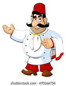 Cartoon chef in the Turkish national fez. The gesture of invitation.