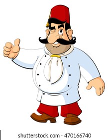 Cartoon chef in the Turkish national fez. Gesture approval.