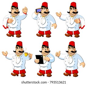 Cartoon chef in the Turkish national fez. A set of images.