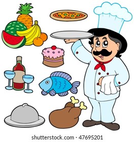 Cartoon chef with various meals - vector illustration.