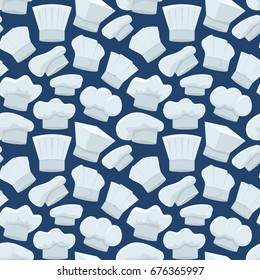 Cartoon Chef White Hats Background Pattern on a Blue Flat Design Style Uniform for Kitchen Restaurant. Vector illustration