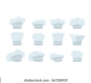 Cartoon Chef White Hats Set Flat Design Style Uniform for Kitchen Restaurant. Vector illustration